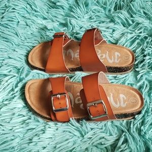 Girls size 3 faux brown leather slides